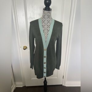 Tory Burch Size Small MERINO WOOL Green Sweater Gold Buttons